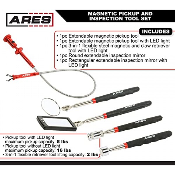 ARES 10094 – 5피스 자기 픽업 및 검사 도구 세트 – 가시성 향상을 위한 LED 조명이 있는 픽업 도구 및 검사 거울 – 분실된 키, 도구 부품, 볼트, 패스너 등 검색