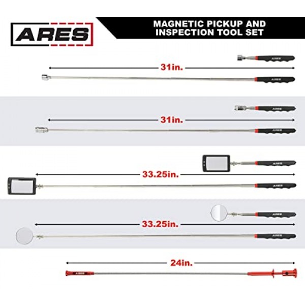 ARES 10094 – 5피스 자기 픽업 및 검사 도구 세트 – 가시성 향상을 위한 LED 조명이 있는 픽업 도구 및 검사 거울 – 분실된 키, 도구 부품, 볼트, 패스너 등 검색