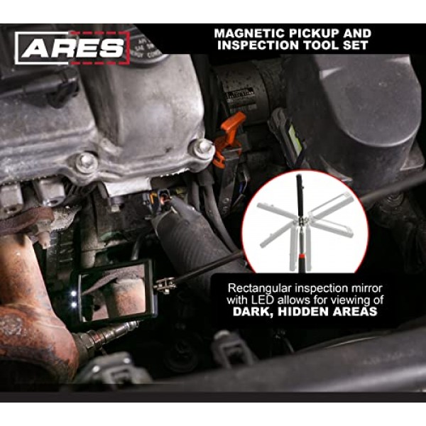 ARES 10094 – 5피스 자기 픽업 및 검사 도구 세트 – 가시성 향상을 위한 LED 조명이 있는 픽업 도구 및 검사 거울 – 분실된 키, 도구 부품, 볼트, 패스너 등 검색