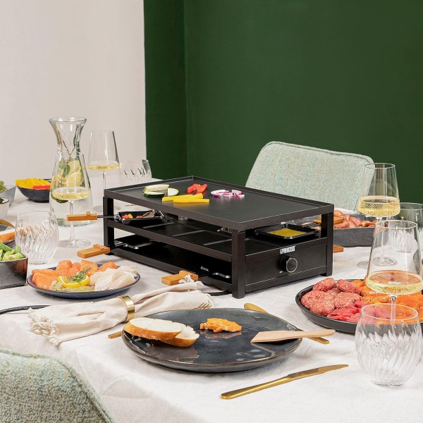 Princess Raclette 블랙 스틸 - 8인용 주차 데크 팬용 대형 조리대 44 x 25cm 조절식 온도 조절기 1300와트, 162655