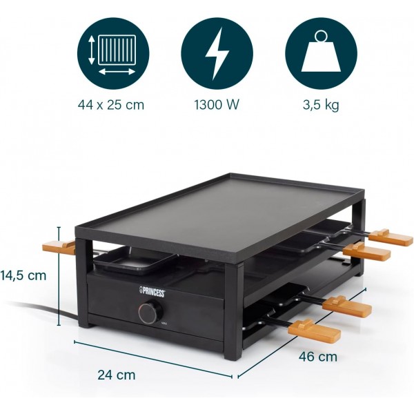 Princess Raclette 블랙 스틸 - 8인용 주차 데크 팬용 대형 조리대 44 x 25cm 조절식 온도 조절기 1300와트, 162655