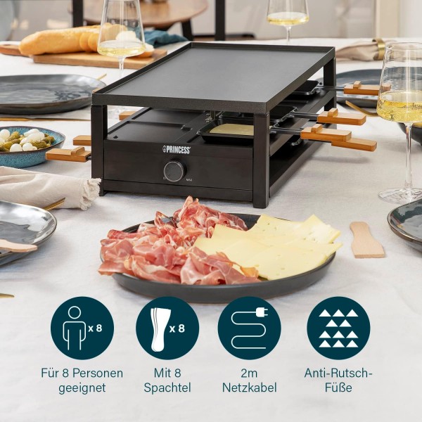 Princess Raclette 블랙 스틸 - 8인용 주차 데크 팬용 대형 조리대 44 x 25cm 조절식 온도 조절기 1300와트, 162655