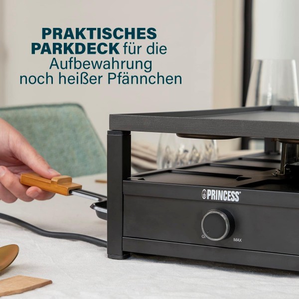 Princess Raclette 블랙 스틸 - 8인용 주차 데크 팬용 대형 조리대 44 x 25cm 조절식 온도 조절기 1300와트, 162655