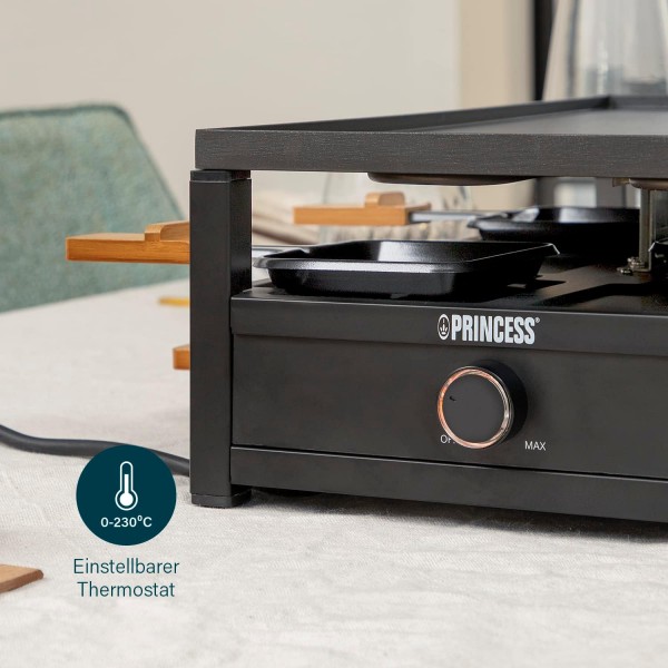 Princess Raclette 블랙 스틸 - 8인용 주차 데크 팬용 대형 조리대 44 x 25cm 조절식 온도 조절기 1300와트, 162655