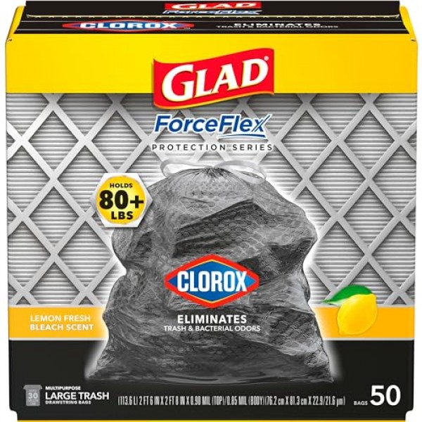 Clorox 쓰레기 봉투가 포함된 Glad ForceFlex, 신선한 레몬 표백제 향, 30 Gal, 50 Ct, 팩은 다를 수 있음