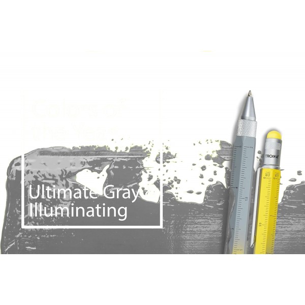 Troika Construction 멀티태스킹 볼펜, 노란색, 브러시드 황동, 검정색 리필, 센티미터/인치 눈금자 포함, 1:20/1:50 눈금, 기포 수준기, 스크루드라이버, PIP20YE/GY