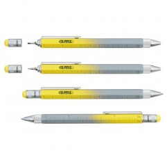 Troika Construction 멀티태스킹 볼펜, 노란색, 브러시드 황동, 검정색 리필, 센티미터/인치 눈금자 포함, 1:20/1:50 눈금, 기포 수준기, 스크루드라이버, PIP20YE/GY