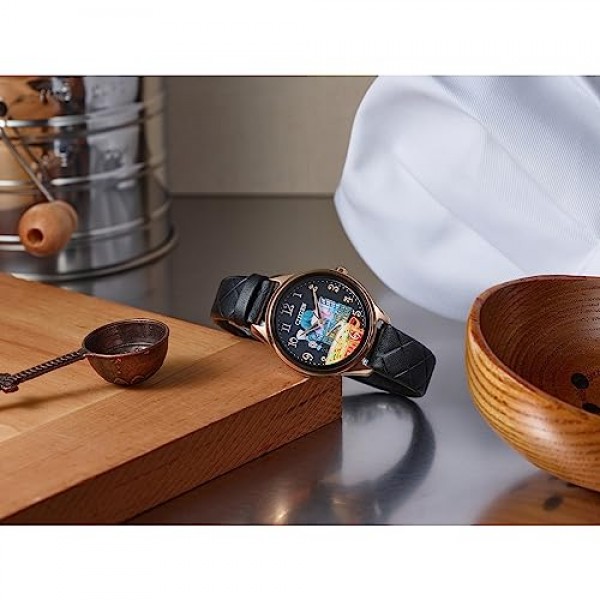 Citizen 여성용 에코드라이브 Pixar Ratatouille 로즈 골드 스테인리스 스틸 시계, 블랙 퀼팅 가죽 스트랩(모델: FE7103-04W)