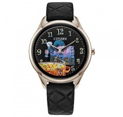 Citizen 여성용 에코드라이브 Pixar Ratatouille 로즈 골드 스테인리스 스틸 시계, 블랙 퀼팅 가죽 스트랩(모델: FE7103-04W)