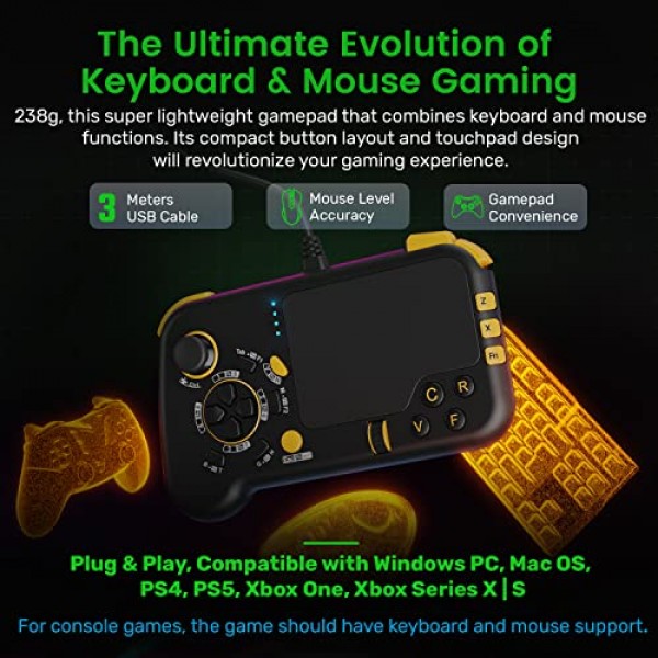 IFYOO GTP01 유선 USB 게임용 터치패드(키보드 및 마우스 기능 포함), Xbox Series X|S, Xbox One, PS5, PS4, PC Steam Windows 11 10, Mac OS와 호환되는 트랙패드 게임 컨트롤러 - 검정색 및 