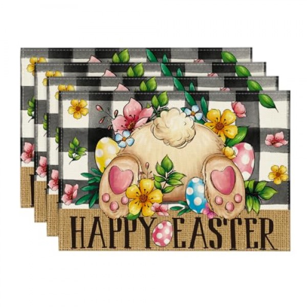 Artoid 모드 버팔로 격자 무늬 토끼 ​​계란 꽃 행복한 부활절 Placemats 파티 주방 식사 장식을위한 4, 12x18 인치 봄 계절 테이블 매트 세트