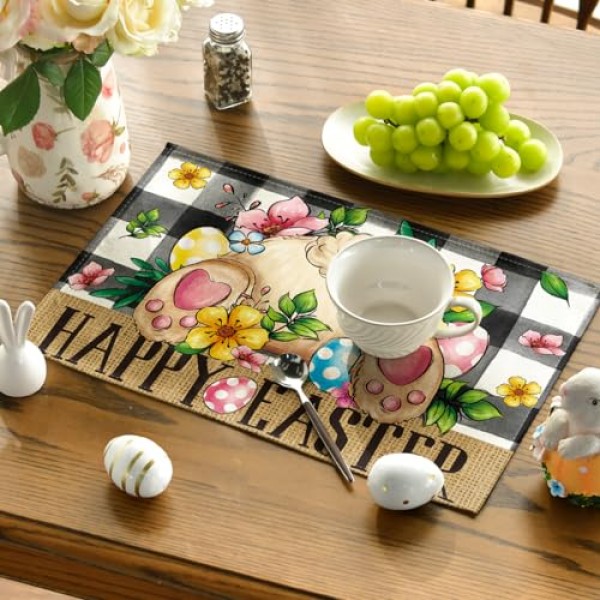 Artoid 모드 버팔로 격자 무늬 토끼 ​​계란 꽃 행복한 부활절 Placemats 파티 주방 식사 장식을위한 4, 12x18 인치 봄 계절 테이블 매트 세트