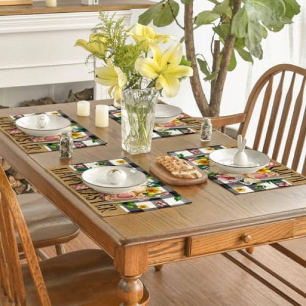 Artoid 모드 버팔로 격자 무늬 토끼 ​​계란 꽃 행복한 부활절 Placemats 파티 주방 식사 장식을위한 4, 12x18 인치 봄 계절 테이블 매트 세트