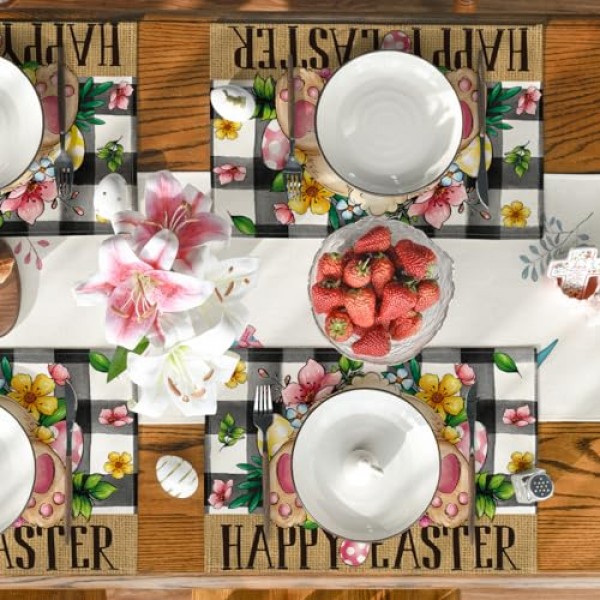 Artoid 모드 버팔로 격자 무늬 토끼 ​​계란 꽃 행복한 부활절 Placemats 파티 주방 식사 장식을위한 4, 12x18 인치 봄 계절 테이블 매트 세트