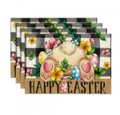 Artoid 모드 버팔로 격자 무늬 토끼 ​​계란 꽃 행복한 부활절 Placemats 파티 주방 식사 장식을위한 4, 12x18 인치 봄 계절 테이블 매트 세트