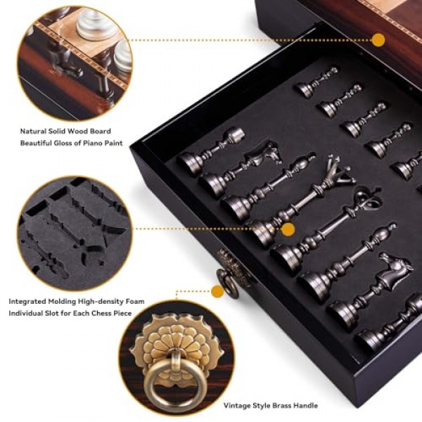 AMEROUS 20인치 나무 체스 세트(금속 체스 조각 포함) - 4.5'' 킹 - 내장형 보관 서랍 2개 - 선물 포장, 성인과 어린이를 위한 토너먼트 체스 보드 게임