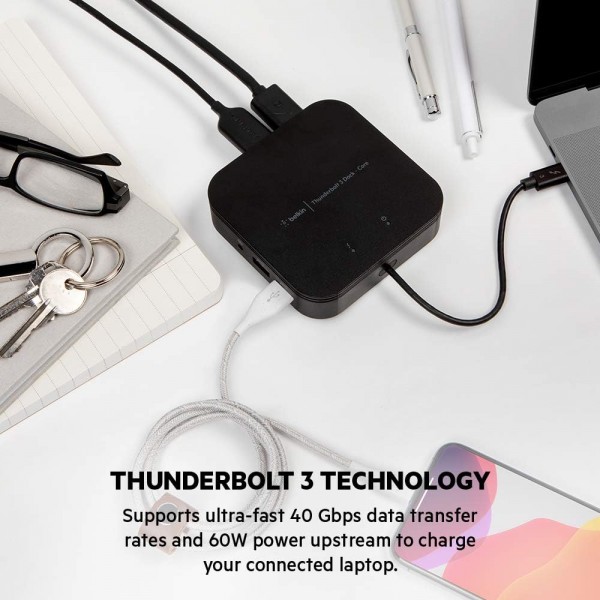 Belkin Thunderbolt 3 Dock Core w/ Thunderbolt 3 케이블(Mac 및 Windows용 Thunderbolt Dock) 듀얼 4K @60Hz, 40Gbps 전송 속도, 60W 업스트림 충전