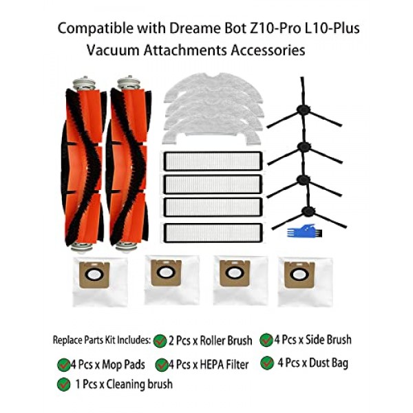 Dreame Bot Z10 Pro / L10 Plus 진공 부착물용 브러시 필터 걸레 천 먼지 봉투 교체 부품 액세서리 교체(19팩)