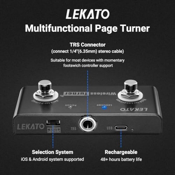LEKATO 무선 페이지 터너, 태블릿용 블루투스 무선 페이지 터너 페달 휴대폰 풋 페달(버전 13.4 이상의 Android 및 IOS 시스템 지원) - LEKATO 루퍼 페달 튜너 전환용 외부 페달