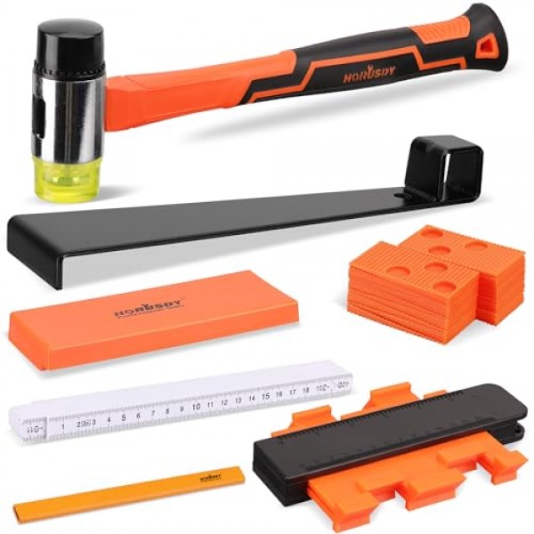 HORUSDY 50피스 라미네이트 바닥재 도구 | 44개의 스페이서가 포함된 라미네이트 목재 바닥재 설치 키트 | 유리 섬유 손잡이 망치 | 헤비듀티 풀 바 및 태핑 블록