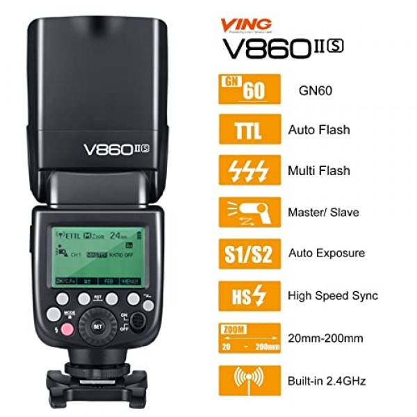 소니용 Godox V860II-S V860IIS 카메라 플래시 스피드라이트, 2.4G TTL 플래시 스피드라이트 GN60 1/8000s HSS, 충전식 리튬 이온 배터리, 650회 최대 전력 플래시, 소니 DSLR 카메라와