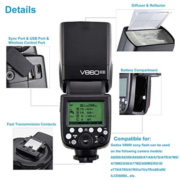 소니용 Godox V860II-S V860IIS 카메라 플래시 스피드라이트, 2.4G TTL 플래시 스피드라이트 GN60 1/8000s HSS, 충전식 리튬 이온 배터리, 650회 최대 전력 플래시, 소니 DSLR 카메라와
