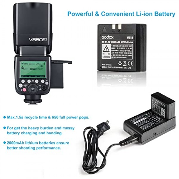소니용 Godox V860II-S V860IIS 카메라 플래시 스피드라이트, 2.4G TTL 플래시 스피드라이트 GN60 1/8000s HSS, 충전식 리튬 이온 배터리, 650회 최대 전력 플래시, 소니 DSLR 카메라와