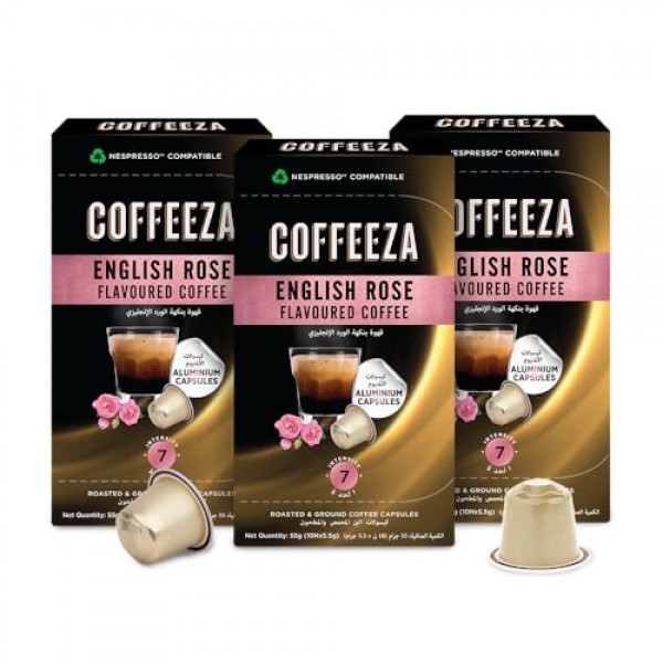 Coffeeza 잉글리시 로즈 맛 알루미늄 커피 캡슐, 강도 -7, 네스프레소 호환 커피 포드 | 3박스(30캡슐)