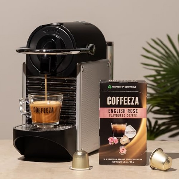 Coffeeza 잉글리시 로즈 맛 알루미늄 커피 캡슐, 강도 -7, 네스프레소 호환 커피 포드 | 3박스(30캡슐)