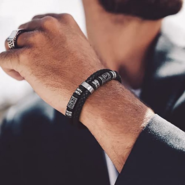 bandmax 남성용 맞춤형 극세사 가죽 랩 팔찌(자기 걸쇠 포함) 길이 19 cm / 21 cm / 23 cm, 스테인레스 스틸