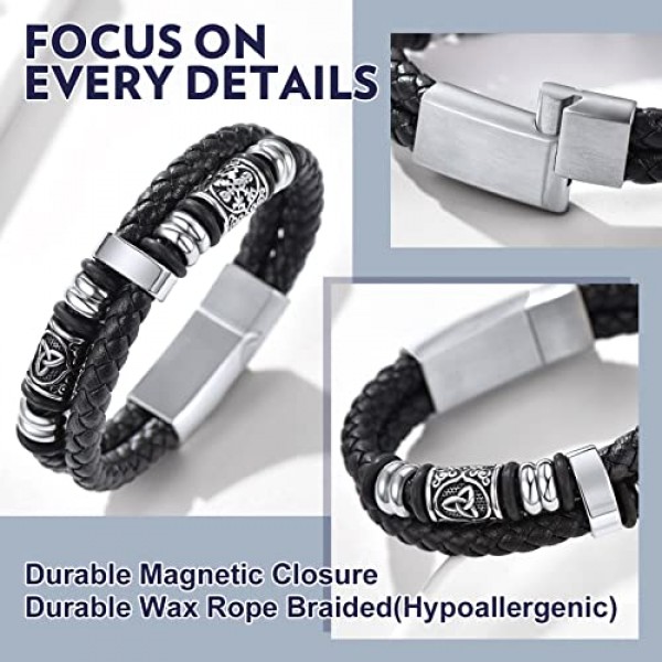 bandmax 남성용 맞춤형 극세사 가죽 랩 팔찌(자기 걸쇠 포함) 길이 19 cm / 21 cm / 23 cm, 스테인레스 스틸