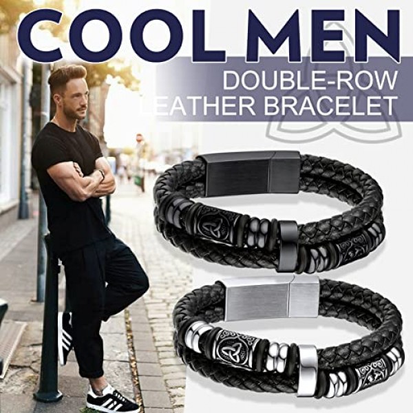 bandmax 남성용 맞춤형 극세사 가죽 랩 팔찌(자기 걸쇠 포함) 길이 19 cm / 21 cm / 23 cm, 스테인레스 스틸