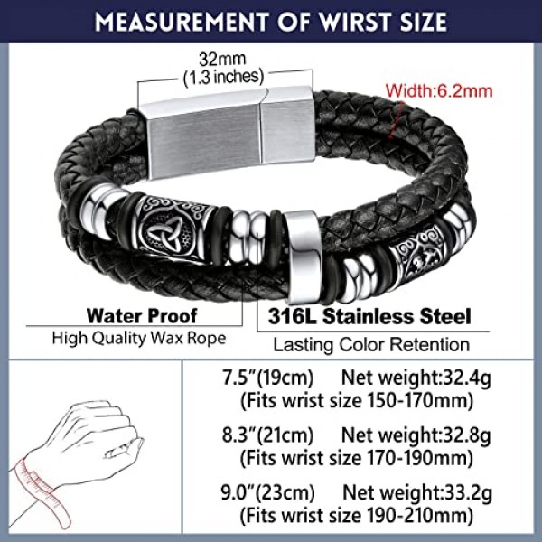 bandmax 남성용 맞춤형 극세사 가죽 랩 팔찌(자기 걸쇠 포함) 길이 19 cm / 21 cm / 23 cm, 스테인레스 스틸
