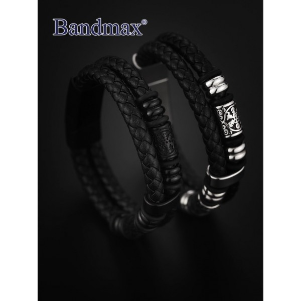 bandmax 남성용 맞춤형 극세사 가죽 랩 팔찌(자기 걸쇠 포함) 길이 19 cm / 21 cm / 23 cm, 스테인레스 스틸