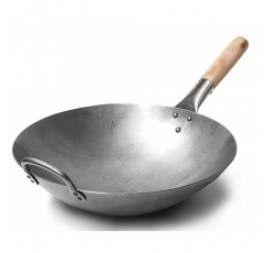 Craft Wok 나무 및 강철 도우미 손잡이가 있는 전통적 손으로 망치질한 탄소강 Pow Wok(14인치, 둥근 바닥) / 731W88