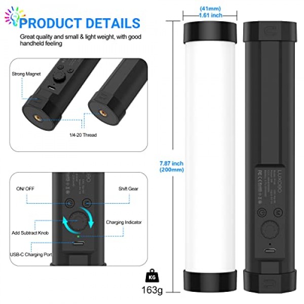 LUXCEO P100 LED 비디오 조명 RGB 미니 LED 조명, 사진용 휴대용 라이트 바, Tiktok YouTube 비디오 녹화 스튜디오, CRI 95+, TLCI 99+, 2000 mAh, 3000/6000 K