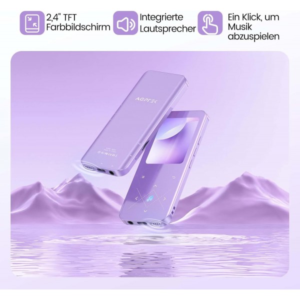 AGPTEK MP3 플레이어 Bluetooth 5.3, 2.4인치 TFT 컬러 스크린, 이어폰, 스피커, 터치 버튼, FM 라디오, 전자책, 녹음, TF-128GB 지원, 32GB HiFi 사운드 뮤직 플레이어, 퍼플 32GB 퍼플