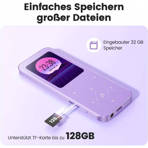 AGPTEK MP3 플레이어 Bluetooth 5.3, 2.4인치 TFT 컬러 스크린, 이어폰, 스피커, 터치 버튼, FM 라디오, 전자책, 녹음, TF-128GB 지원, 32GB HiFi 사운드 뮤직 플레이어, 퍼플 32GB 퍼플