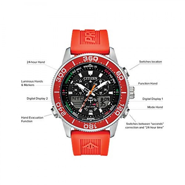 Citizen 남성용 프로마스터 세일호크 에코드라이브 시계, 요트 레이싱 타이머, 크로노그래프, 폴리우레탄 스트랩, 듀얼타임, 아날로그/디지털 타임즈, 야광 바늘 및 마