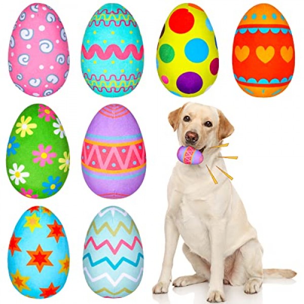 개를위한 Threan 8 Pcs 부활절 장난감 부활절 달걀 끽끽 거리는 봉제 부활절 달걀과 개 장난감 개 삐걱 ​​거리는 장난감 중소형 개를위한 봉제 인형 부활절 선물 강아