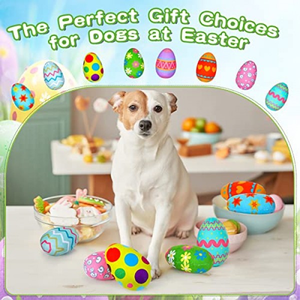 개를위한 Threan 8 Pcs 부활절 장난감 부활절 달걀 끽끽 거리는 봉제 부활절 달걀과 개 장난감 개 삐걱 ​​거리는 장난감 중소형 개를위한 봉제 인형 부활절 선물 강아