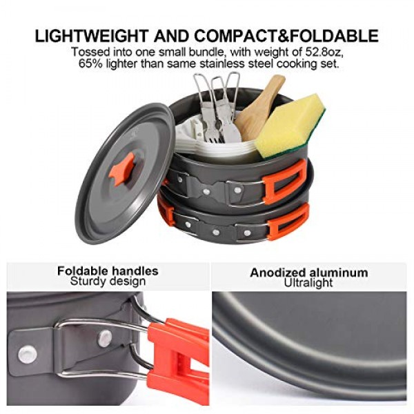 REDCAMP 11/12/22 PCS 캠핑 조리기구 메스 키트, 800ml (28oz) 배낭 캠핑 냄비 + 팬 세트, 하이킹, 피크닉 및 캠핑을 위한 가볍고 컴팩트한 조리기구, 레드