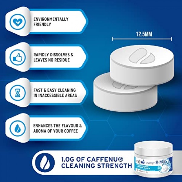 카페누 | 커피 머신 클리너 정제 | 100 x 0.03온스 정제 | 100잔마다 사용되는 커피머신 세척제 | 자동, 필터 및 에스프레소 머신 청소 정제 | 스케일 제거와 함께 사용