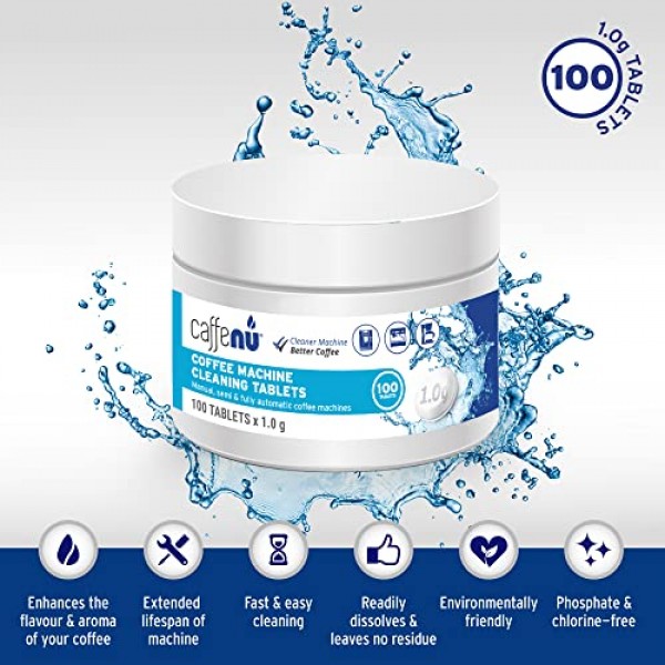 카페누 | 커피 머신 클리너 정제 | 100 x 0.03온스 정제 | 100잔마다 사용되는 커피머신 세척제 | 자동, 필터 및 에스프레소 머신 청소 정제 | 스케일 제거와 함께 사용