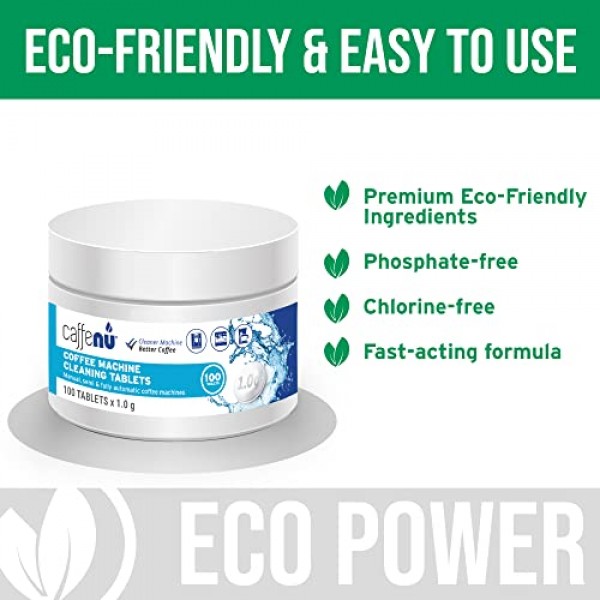 카페누 | 커피 머신 클리너 정제 | 100 x 0.03온스 정제 | 100잔마다 사용되는 커피머신 세척제 | 자동, 필터 및 에스프레소 머신 청소 정제 | 스케일 제거와 함께 사용