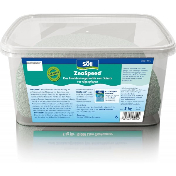 Söll 58020 ZeoSpeed ​​​​고성능 제올라이트 해조류로부터 보호 5kg - 연못 수영 연못에서 지속적인 인산염 결합 및 질소 감소를 위해 즉시 사용 가능한 제올라이트 2.5 