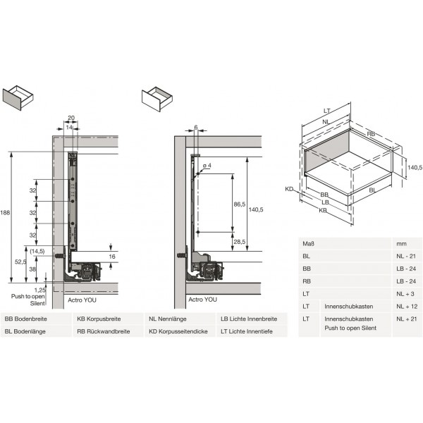 Hettich 서랍 측면 AvanTech YOU 세트, 높이 187mm, NL 600mm, 앤트러사이트, 좌우