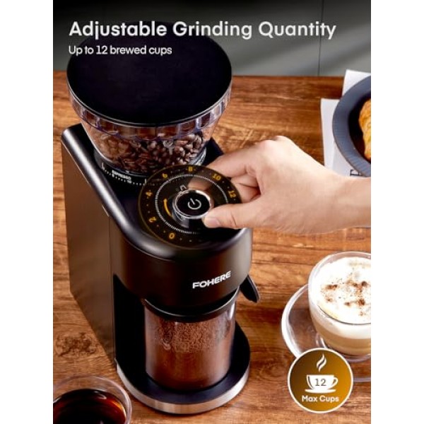 정전기 방지 원추형 버 커피 그라인더 FOHERE 조정 가능한 버 밀, 35가지 정밀 분쇄 설정, 2-12 컵 선택 타이머, 에스프레소, 드립 커피, 프렌치 프레스, 블랙