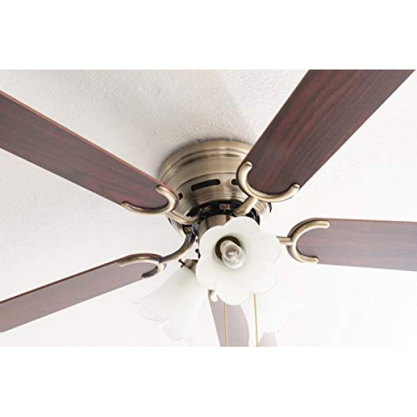 Pepeo - Kisa 천장형 선풍기(조명 포함) | 로즈와 호두나무 소재의 양면 블레이드가 있는 황동 풀 스위치가 있는 팬, 직경 105cm. (색상: 브라스, 로즈우드/월넛)