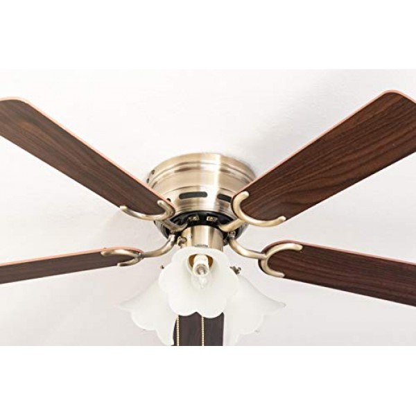 Pepeo - Kisa 천장형 선풍기(조명 포함) | 로즈와 호두나무 소재의 양면 블레이드가 있는 황동 풀 스위치가 있는 팬, 직경 105cm. (색상: 브라스, 로즈우드/월넛)